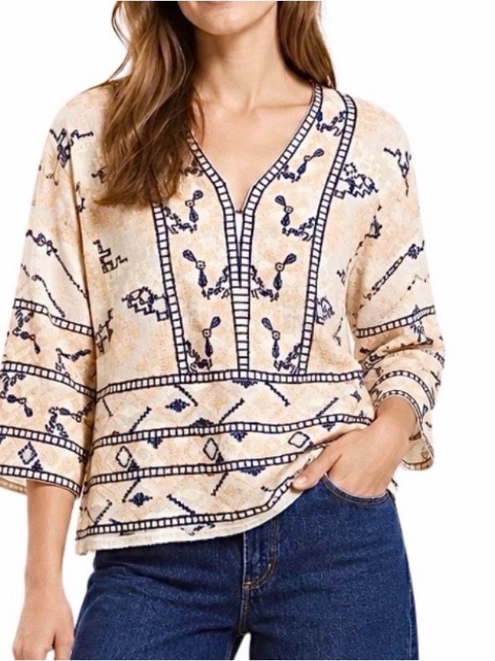 Antik Batik White, Peach & Navy Embroidered V-Neck Tunic